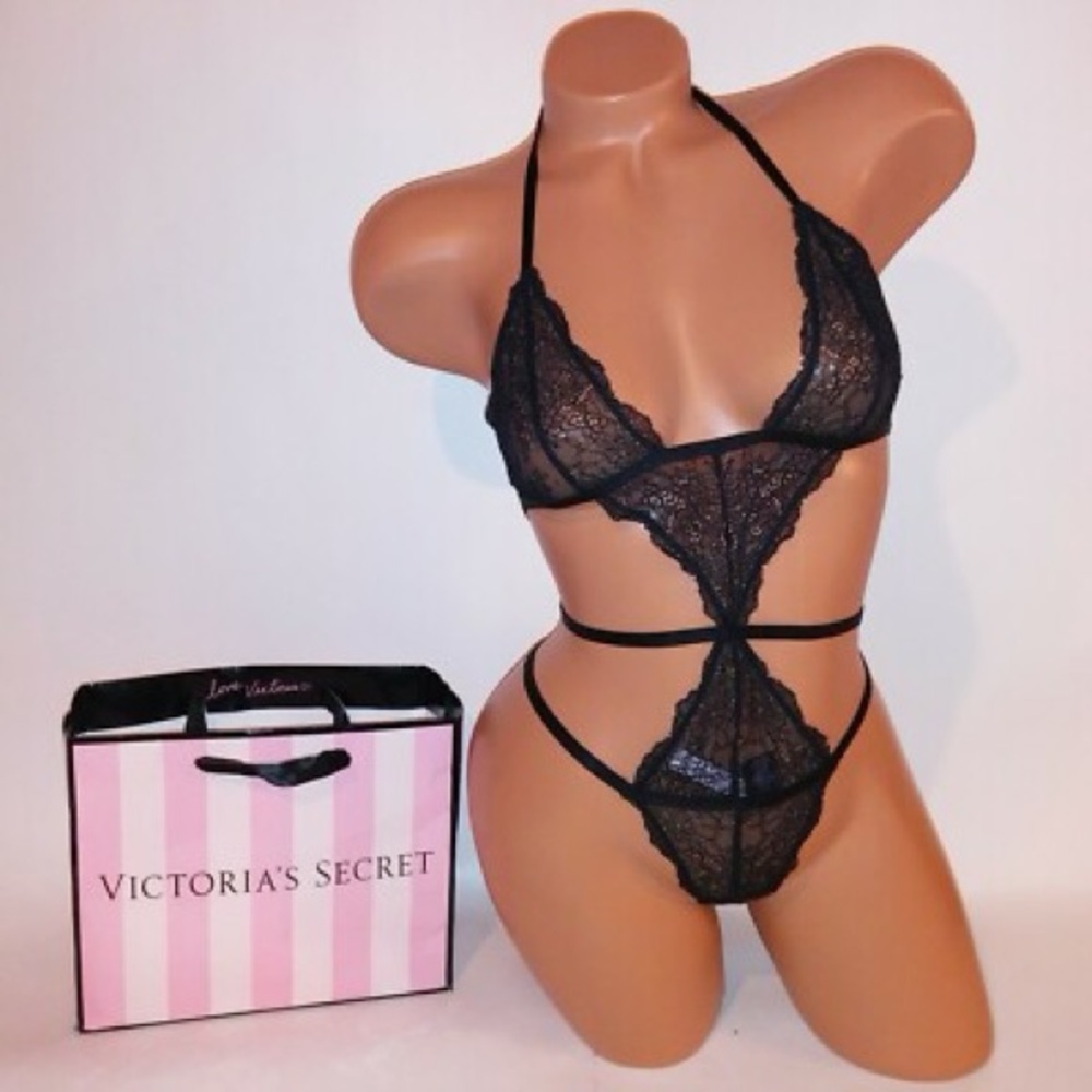 Victoria's Secret Black Lace Strappy Bodysuit